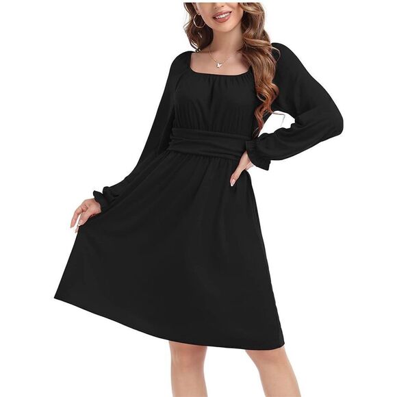 NEW Puff Sleeve Dress Swing Casual Square Neck  Flowy Elastic Waist A-Line S - Picture 4 of 7